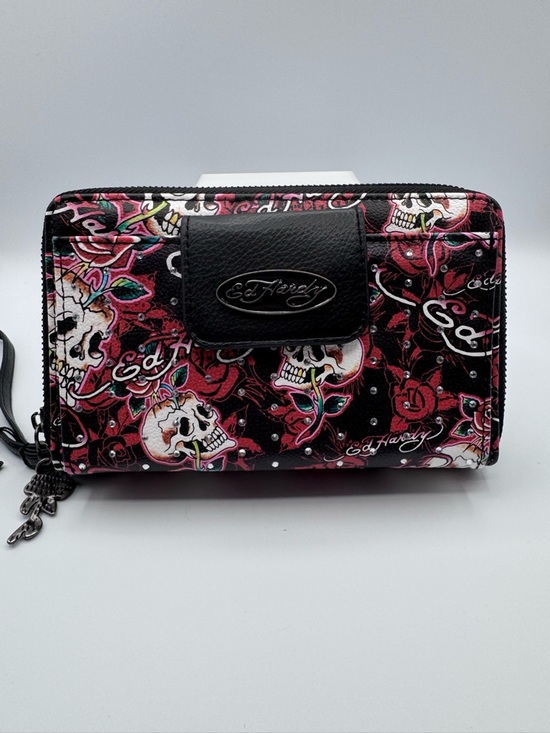Ed Hardy Handbags - Ed Hardy Black & Red Skull-and-Rose Wristlet Wallet